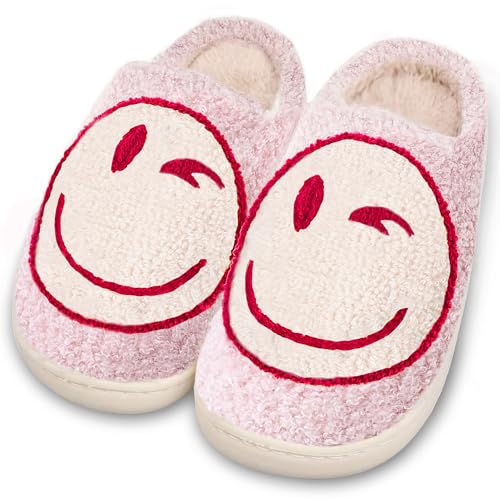 Image of Smile Face Slippers for Women and Men, Retro Comfy Warm Soft Fuzzy Plush Slip-On House Shoes Funny Cute Happy Smile Home Winter Warmies Pillow Cloud Memory Foam Fluffy Slipper for Indoor & Outdoor