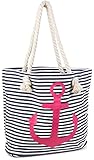 styleBREAKER Strandtasche in Streifen Optik mit Anker, Schultertasche, Shopper, Damen 02012038, Farbe:Marine-Weiß/Pink