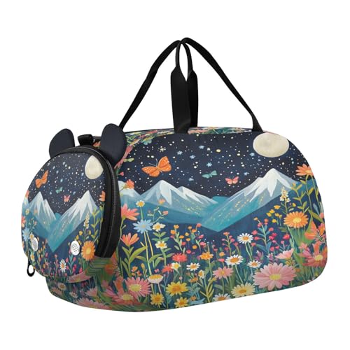 Mountain Flowers Blue Kids Travel Duffel Bag for Boys Girls Overnight Weekend Tote Bag with Shoes Compartment for Dance Gym Sports