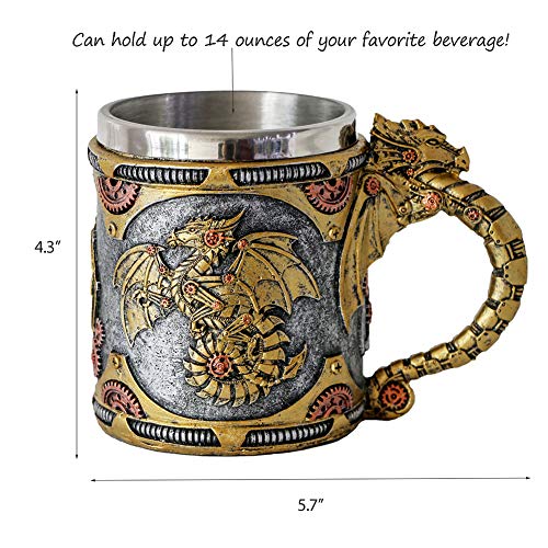 Steampunk Gearwork Mechanical Dragon Mug - Medieval Renaissance Dragons Beer Stein Tankard Stainless Coffee Cup Gift Mug For Dragon Collector Lovers Themed Party Decoration (14OZ)