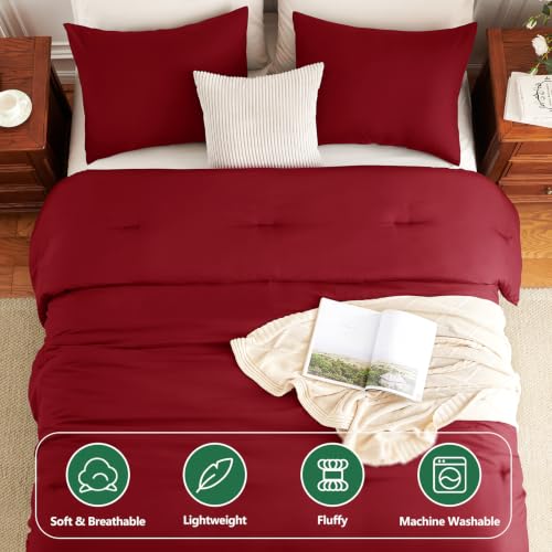 Image of HIMEET Full Size Comforter Sets, 3 Pieces with 2 Pillowcases, Dark Red | 270GSM Down Alternative Fill, Oeko-TEX Certified, 8 Corner Ties Quilted, All Season, Fluffy Bed Set, Bedroom Decor Bedding