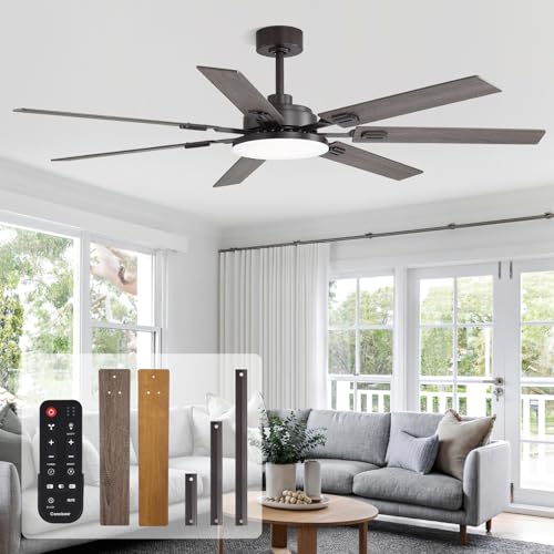 Image of 64 Inch Ceiling Fans with Lights and Remote, Bedroom Living Room Office Library Cafe Outdoor Industrial, 5CCT Dimmable, Dual Color 7 Blades, 6 Speed Reversible Quiet DC Motor, Brown /Wood Grain