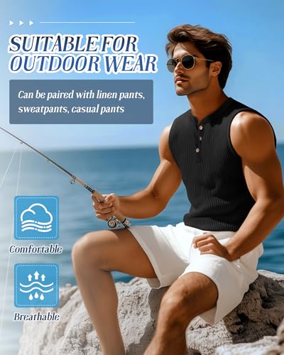 3 Pcs Men's Big and Tall Tank Top Ribbed Plus Size Sleeveless Henley Shirt Crewneck T Shirt 1X-5X3