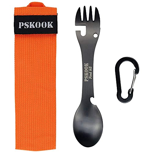 PSKOOK Spork Outdoor Löffel Gabel Messer Flasche Dosenöffner Camping Edelstahl Besteck Reisen Funktionelle Essen Multi-Tool Utensil (Schwarz mit orangefarbener Tasche) Cover