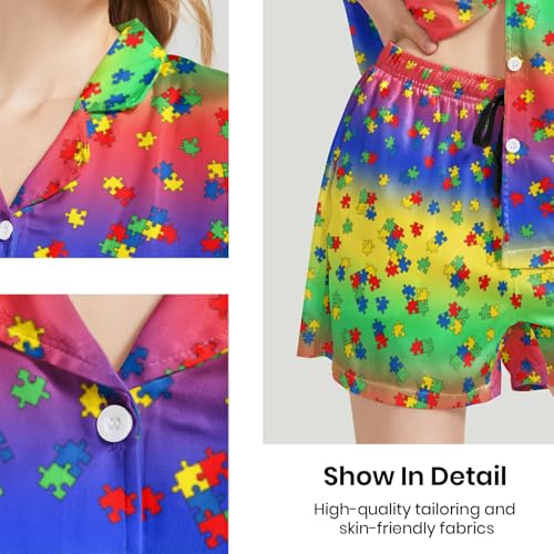 Image of Funny Satin Pajamas Set for Women Button Down Sleepwear Print Pjs Set 2 Piece Short Sleeve Loungewear Gift for Women