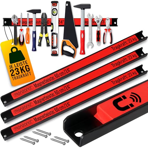 DEUBA® 3x Magnetleiste 60cm 23kg Tragkraft Magnetisch Werkzeugleiste Werkzeughalter Werkzeugwand Werkstatt Werkzeug Organizer inkl. Montagematerial