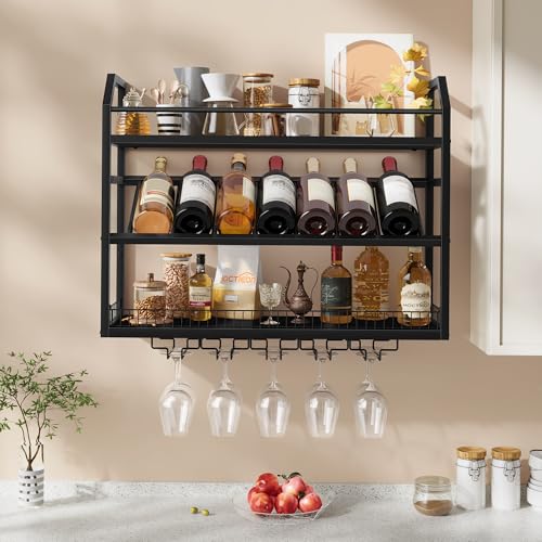 Image of Hoctieon Wall Mount Wine Rack, Wall Mounted Wine Bottle Rack for Display and Storage, Hanging Bottle Holder, for Living Room, Dining Room, Bar, Wine Cellar, Black