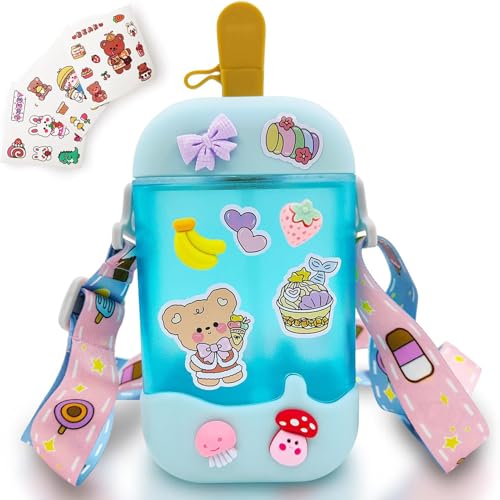 ZRHXG Kawaii Botella de agua, bonita botella de helado, con pajita y correa para el hombro, botella de agua, jarra de agua portátil a prueba de fugas, para niñas lindas, escuela (400 ml, azul)