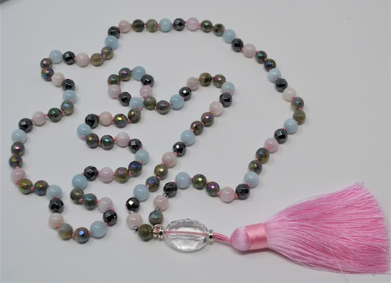 Naturalny labradoryt, akwamaryn, kunzyt, hematyt 8 mm-5 x 2 mm, 108 koralików mala, duchowe, koraliki do medytacji, Reiki, Japa Mala, buddyjskie koraliki modlitewne, bransoletka do jogi, koraliki