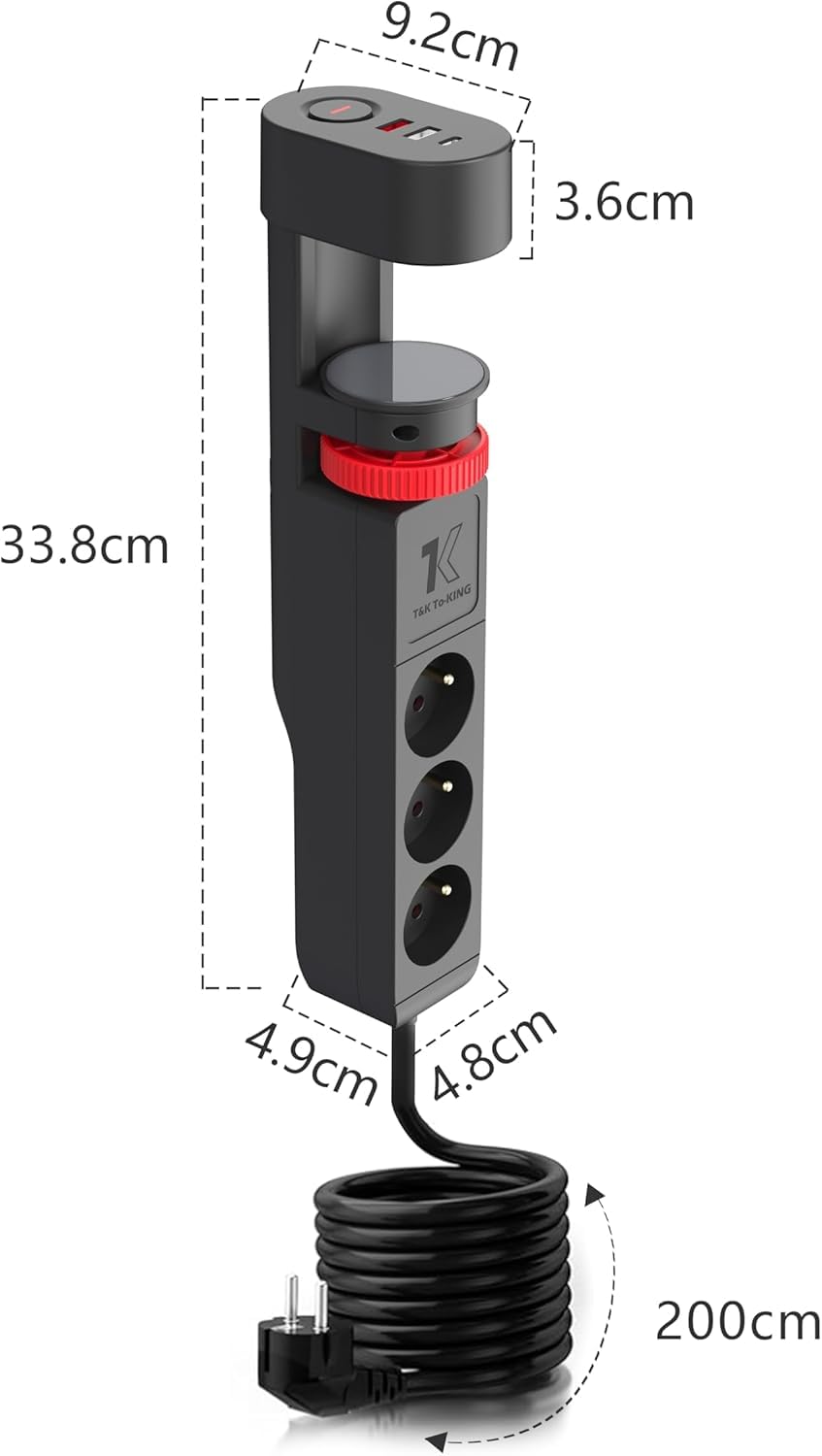 Steckdosenleiste 3 Fach mit 3 USB Ladeanschlüsse, Mehrlochsteckdose mit Tischclip (3680W) Steckerleiste USB(5V 3.4A,17W) mit 2M Kabel für Smartphones, Laptop, iPAD -Schwarz (Packung mit 2)