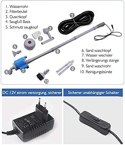 boxtech 6 in 1 Pulitore Elettrico per Acquario, 2000L/h 28W Sifone Automatico Acquario per Ghiaia, Aspirapolvere Acquario Kit di Pulizia per Cambio Acqua, Pulizia Sabbia, Rimozione Sporco, Filtraggio - Image 7