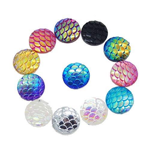 JJG 100 PCS Dragon/Mermaid Scale Resin Flat Back Round Dome Cabochons DIY Accessories, 10mm Diameter, Random Color