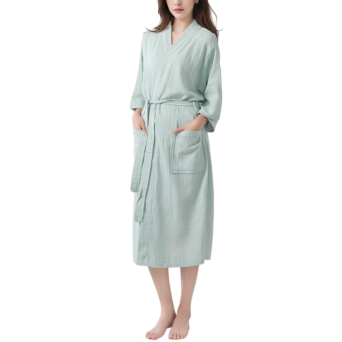 LUKX Morgenmantel Damen Leicht,Baumwoll-Leinen-Bademantel Salbeigrün Schlichter Kimono Robe V-Ausschnitt Morgenmantel Leichtes Kurzes Nachthemd Braut-Morgenmantel Nachtwäsche Bademantel Damen