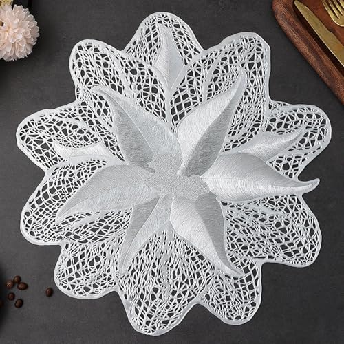 Image of Dakshya Industries Modern Round Floral PVC Table Mat Pack of 1 (Silver)