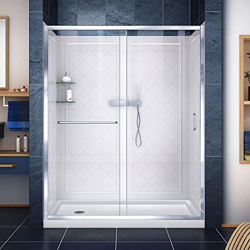 DreamLine Infinity-Z 30 in. D x 60 in. W x 76 3/4 in. H Clear Sliding Shower Door in Chrome, Left Drain Base and Backwalls, DL-6116L-01CL