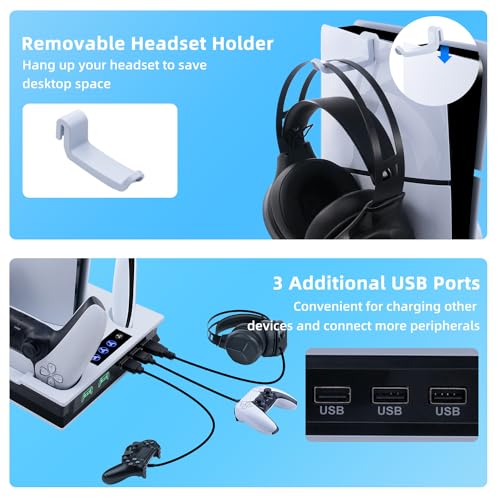 Mcbazel PS5 Slim Charging Station Fan 3-Speed Adjustable Multifunctional LED Cooling Charging Station Magnetic with Dual Charge Controller for Playstation 5/PS5 Slim UHD/Digital Edition-White - Afbeelding 6