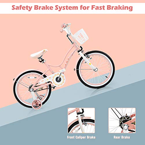 BABY JOY Girls Bike, 12” 14” 16” 18” Kids Bike for 3-8 Years Old with Training Wheels, Adjustable Seat & Handlebar, Handbrake & Coaster Brake, Children Bicycle (18 Inch W/Kickstand, Pink)