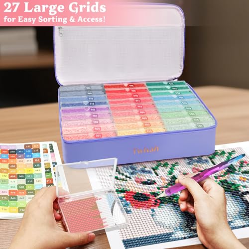 Image of Twivah 27 Pcs Diamond Art Storage with Bag, 2-in-1 Diamond Art Trays Container with Lids, Diamond Painting Accessories with Color Stick, Diamond Art Kits for Adults & Kids Christmas, Birthday (Purple)
