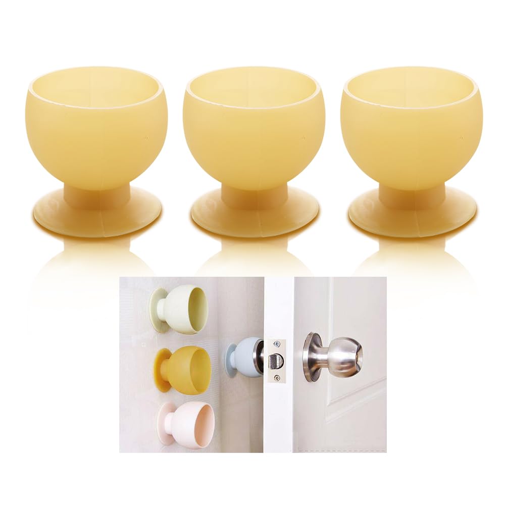 HEMIPLEGIA 3-Pack Silicone Doorknob Covers, Round Door Knob Protectors - Wall Bumpers, Dust Covers, Noise Reducers, Easy to Install (Yellow)