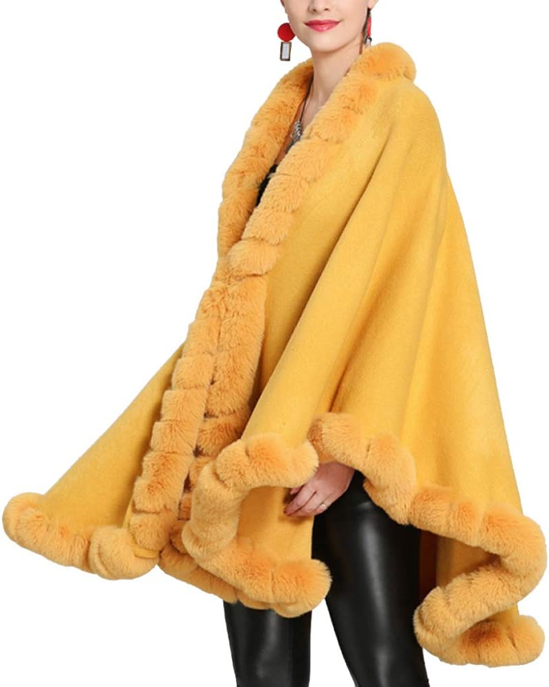 Autumn Winter Poncho Cloak Large Size Faux Fox Fur Collar Knit Women's Shawl Cloak Cardigan