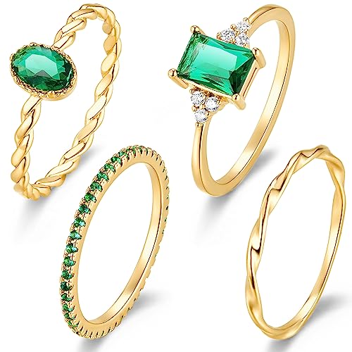 PNYFIL 4PCS Emerald Rings for Women, 14K Gold/Silver Plated Stacking Rings Set Dainty Emerald Ring, Stackable Emerald Green Rings for Women Girls Simple Midi Thumb Finger Rings Size 6 to 9