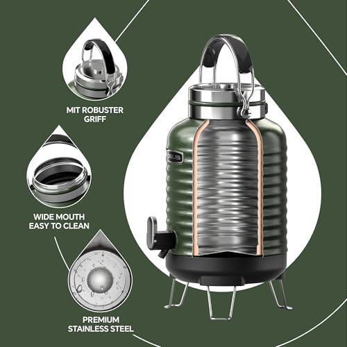 Image of IDEUS Insulated Beverage Dispenser, All-in-one for Camping Vacuum Double-Wall Stainless Steel Water Cooler Coffee Carafe Jug Leakproof Drink Container with Handle, Spigot & Stand (Green, 1,4gal)