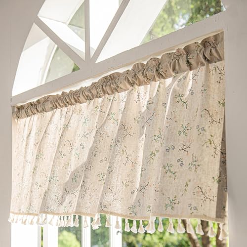 RoxNvm Leinen Scheibengardinen Landhausstil, 150 x 46cm Pflanzenmuster Gestreifte Küchengardinen Landhausstil, Kurzgardinen, Fenstergardinen Scheibengardinen Küche mit Dekoriert Wohnzimmer (E)