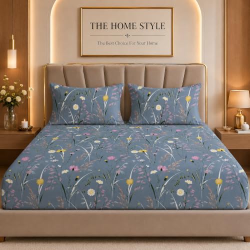 Image of THE HOME STYLE Supersoft Glace Cotton Elastic Fitted All Around King Size Printed Double Bedsheet with 2 Pillow Cover & King Size Comforter /Duvet /Blanket (72 inchx78 inch + Comforter, Bluebell Whisper)