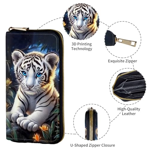 Women's Wallets,PU Leather Wristlet Wallet for Women,Card Holder Organizer Ladies Clutch with Zipper & Phone Holder-Cute White Tiger4