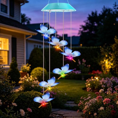 Image of Toodour Solar Wind Chime, Color Changing LED Swaying Butterfly Wind Chimes, Upgrade Butterfly with Fluttering Wings, Waterproof Solar Outdoor Light Decor for Garden Window Patio, Gift for Mom Grandma
