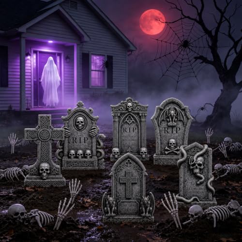 Graveyard Halloween Tombstones Decorations Outdoor: 6 Pcs Large Tombstone Halloween Yard Signs with Stakes, Realistic Scary Skeleton RIP Gravestones Lawn Cemetery Halloween Decor Front Lawn Garden Haunted House Props - image 3