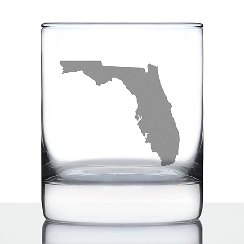 Florida State Outline Whiskey Rocks Glass - State Themed Drinking Decor and Gifts for Floridian Women & Men - 10.25 Oz Whisky Tumbler Glasses