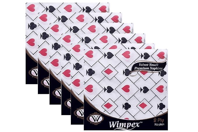 Wimpex Velvet Soft 2 Ply Ultra Soft Designer Paper Napkins - Set of 6 packs with 50 Serviettes each (Total 300 Serviettes) for Get Together, Daily Office and school use - 33 * 33cm(PLAYING CARD) (B0D8BR6SFV) Amazon Price History, Amazon Price Tracker