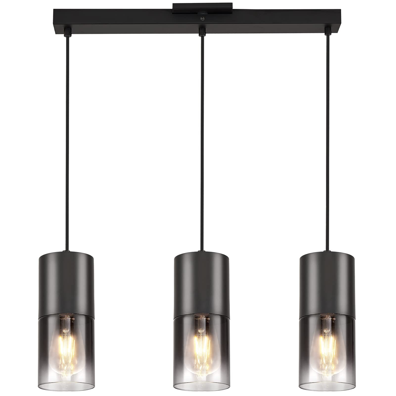 RHYEVNB Black Kitchen Island Pendant Light Industrial Black Glass Pendant Lamp 3*E26 Bulbs Farmhouse Chandelier Fixtures with 59" Adjustable Cord