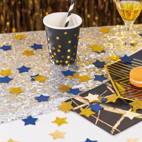 Image of MOWO Gold and Blue Star Confetti Table Decoration, 1.2'', 200pc | Birthday Graduation Retirement Bachelor Theme Party, eid, new year's day