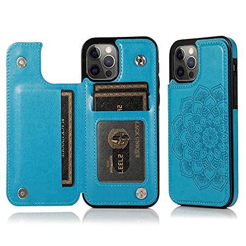Felico Phone Case Compatible with iPhone 13, [Card Holder] Premium Wallet PU Leather Protective Cover, Embossed Mandala Pattern Flower Double Magnetic Buttons Shockproof Flip Cases 6.1 Inch Blue