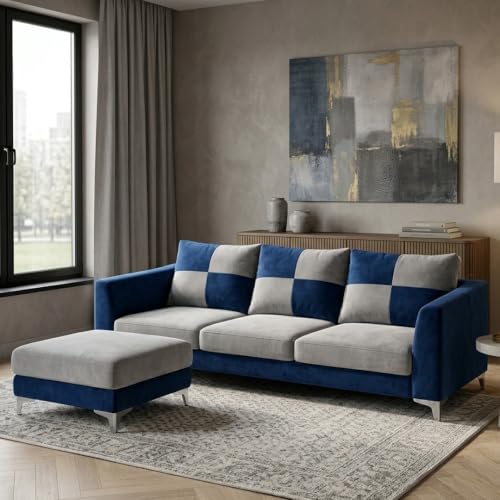 Image of Romeo Rich 4 Seater L Shape Sofa Set with Movable Ottomans | Flexible Layout | Velvet Suede Fabric | Golden Aesthetic Legs | Dual Tone Modern Sofa for Living Room (Dark Blue-Light Grey)