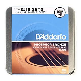 D’Addario DA-AZ04 Pack de 4 jeux de cordes pour Guitare acoustique EJ16 + Accordeur à pince NS Micro - Les Beatles, Paul McCartney, John Lennon, RIngo Starr, George Harrison
