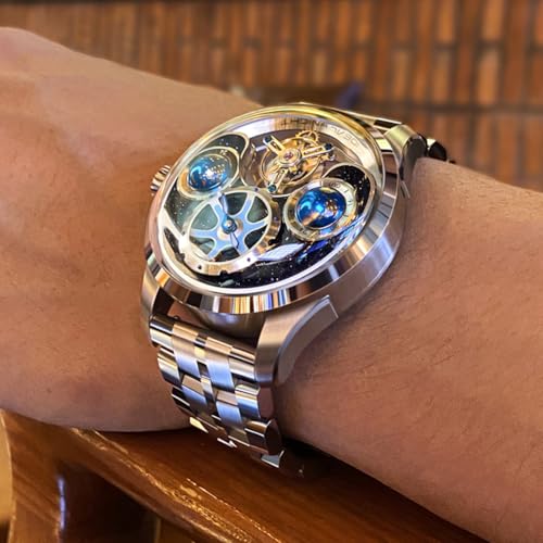 Image of OLEVS Watches for Men Skeleton Self Winding Automatic Mechanical Luxury Dress Sapphire Crystal Diamond Waterproof Luminous Stainless Steel Band Wirst Watch Gift for Men