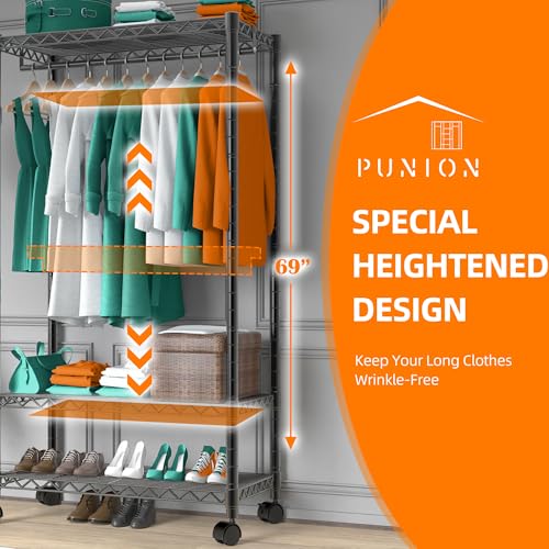 Heavy-Duty-Clothing-Garment-Rack-Freestanding-Clothing-Rack-Portable-Closet-Wardrobe-with-3-Adjustable-Wire-shelves-1-Side-Hook-and-1-Clothe-Rod-for-Hanging-Clothes-Black Heavy Duty Clothing Garment Rack Freestanding Clothing Rack Portable Closet Wardrobe with 3 Adjustable Wire shelves 1 Side Hook and 1 Clothe Rod for Hanging Clothes Black