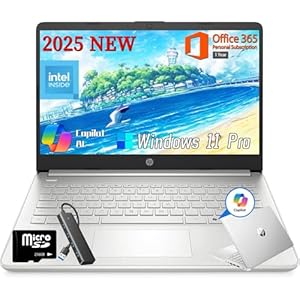 HP 2025 Laptop de negocios estudiantil de 14 pulgadas, procesador Intel N150, 16 GB de RAM, 384 GB de almacenamiento (128 GB UFS+256 GB MSD), llave de copilot, alimentado por IA, 1 año Office 365