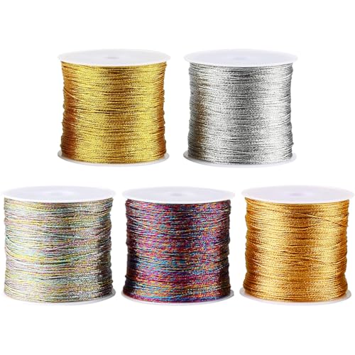Bangbobi 5 rotoli di filato glitterato, filo dorato da 250 m per lavori artigianali, 0,4 mm x 50 m/rotolo, cordino per realizzare gioielli, collane e braccialetti