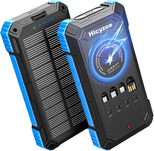 Solar Charger Power Bank, 49800mAh Wireless Portable Phone Charger, 15W QC3.0 Fast Charging External Battery Pack with 4 Built-in Cables, USB-C in/Output, with Dual Flashlights for Outdoor (Blue)