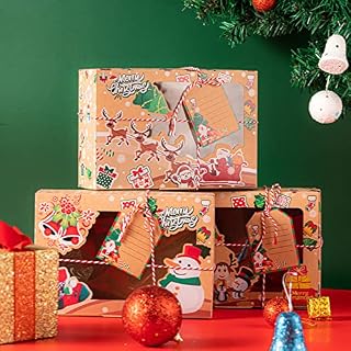 6pcs Christmas Biscuit Boxes, Xmas Cookie Box, Doughnut Gift Bakery Box, Cupcake Boxes with Clear Window, Treats Boxes DIY Cake Boxes with Tags for Christmas Party Gift Packaging