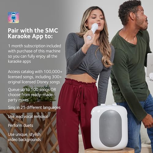 Image of Singing Machine SMC2040S Ultimate Karaoke System, 50 watts System, Sing Cast Video Streaming and Pitch Lab Technology with Rechargeable Battery and Two Wireless Mics, White