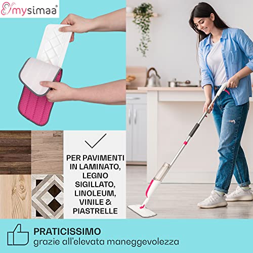 Mysimaa Spray Mop Con Panni Lavabili, Mocio Lavapavimenti A Secco E Umido 2-In-1, Scopa Lavapavimenti A Spruzzo Con Rotazione A 360°, Mop Lavapavimenti Con Manico Ergonomico E Spruzzino Da 400Ml - 2
