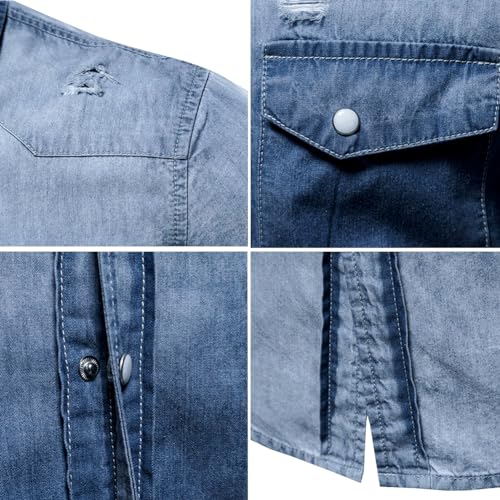LONGBIDA Mens Denim Shirt Button Down Long Sleeve Casual Slim Fit Shirts3