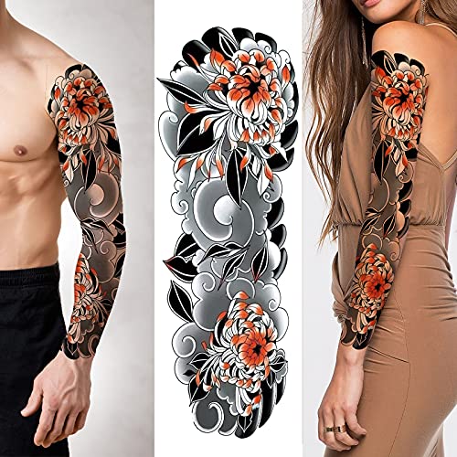 Full Arm Temporary Tattoos -Waterproof Fake Tattoos With Realistic Japanese Style Chrysanthemum Flower Old School Body Art For Men Women Cute Leg Sleeve Tattoos Stickers For Adults Kids That Look Real