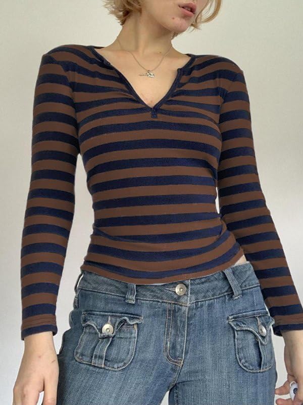 EMMIOL Y2K Long Sleeve Crop Tops Striped V Neck Tee Slim Fit Ribbed Knit Casual Shirts Tunic3
