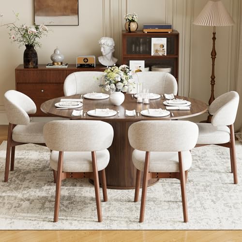 Image of MALOL 47 inch-63 inch Extendable Round to Oval Dining Room Table Chairs Set for 4-8, Modern Wooden Kitchen Table and Chairs with Hidden Storage and Fluted Design for Dining Room /Small Space(Walnut and Beige)
